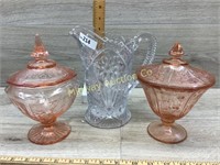 CRYSTAL PITCHER/ 2 PINK DEPRESSION CANDY DISHES WI
