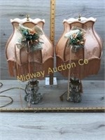 PAIR OF PAPERWEIGHT LAMPS WITH PINK FRINGE SHADES