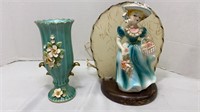 1950s Girl in blue dress Lamp & Blue Glass Vase