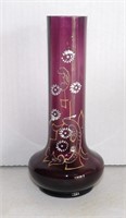 Vintage Amethyst Glass Enameled Bud Vase