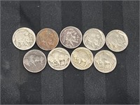 LOT of NINE Indian Head Buffalo Nickel 5 cent US