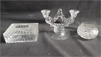 Group of crystal and glass items, candle holder,