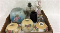 Box w/ Kerosene Lamp, Various Lamp Shades,