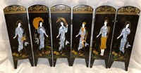 Vintage Black Lacquer 6 Panel MOP Inlay Figural
