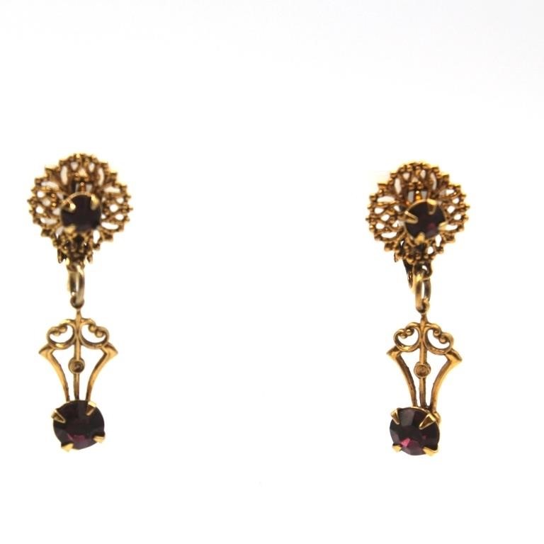 Red Stone Goldtone Drop Clip on Earrings