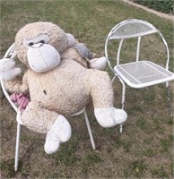 (2) White Metal Lawn Chairs & Monkey Plush