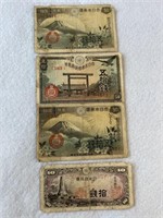 4 Vintage Asian Bills. 3/ 50, 1/10