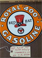 Royal 400 Gasoline Red Hat porcelain sign 1931