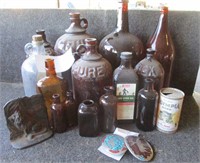 Vintage Brown Glass Bottles & 2 Belt Buckles