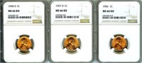 1956 1957-D 1958-D Cent NGC MS66 RD LISTS $102