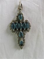 STERLING CROSS PENDANT WITH BLUE STONES 2"