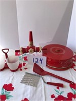 Red metal cake holder; condiment holder
