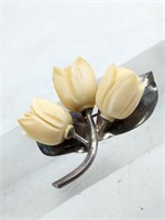 Vintage HandCarved 3D Oxbone Flowers Silver Brooch