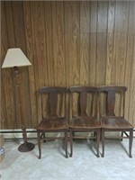 Floor Lamp, 3 Wooden Antique Chairs