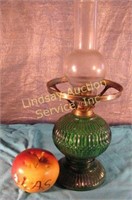 Green glass dresser lamp w/ chimney