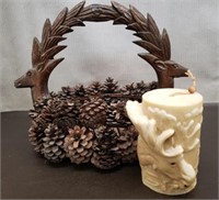 Cool Carved Deer & Pinecone Basket w/ Moose