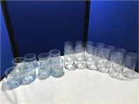12 Clear Water Glass & 8 Clear Glasses w/ Blue Spe