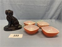 8" Pottery Spaniel Dog and Four 12 OZ Pyrex Bowls