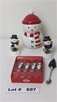 CHRISTMAS SALT AND PEPPER SHAKERS, COOKIE JAR, AND