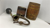 Antique car horn and (2) advertising alcohol