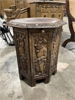 Hand Carved Arts & Crafts Wood End Table.