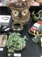 Lighted Owl Basket-works, Metal Vase, Faux Ivy in
