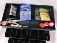 Plano tackle box w/ fishing supplies, 15" x 7" x