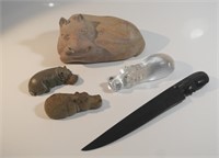 1 AFRICAN STYLE LETTER OPENER & 4 HIPPO FIGURINES