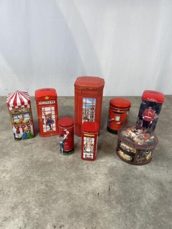 Assortment of tin banks and candy tins