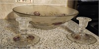 Glass Bowl with Matching Candle Stick Holders