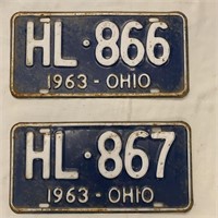 2- 1963 Ohio License Plates Blue White