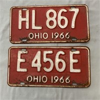 2- 1966 Ohio License Plates Red White