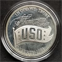 1991 USO 50th Proof Silver Dollar MIB w/COA