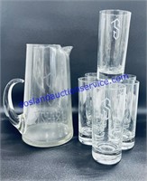 Etched Glass Pitcher & (6) Matching Glasses
