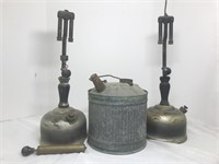 Two vintage lanterns and a gas can.