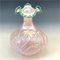 Fenton Pink Opal Green Crest Swan Vase