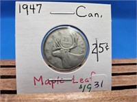 1947 MAPLE LEAF 25 CENT COIN