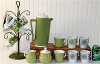 Vintage Green Coffee/Tea Mugs & Pitcher w Holder