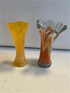 2- colorful art deco glass vases measure 7 inches