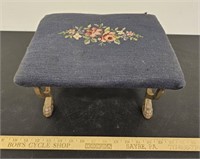 Antique Needlepoint Footstool w Cast Metal Claw