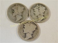 3 US Silver Mercury Dimes 1919-20