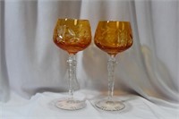 A Pair of Orange Cut Glass Goblets