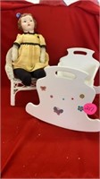 ANTIQUE PORCELAIN DOLL , CHAIR AND CRADLE