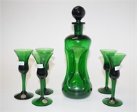 Holmegaard six piece green glass liquer set