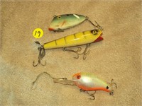 3 Vintage Fishing Lures - 5", Wood +