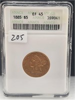 1885 $5 dollar Gold Liberty ANACS EF45