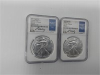 (2) 2021 MS-70 signed silver Eagles