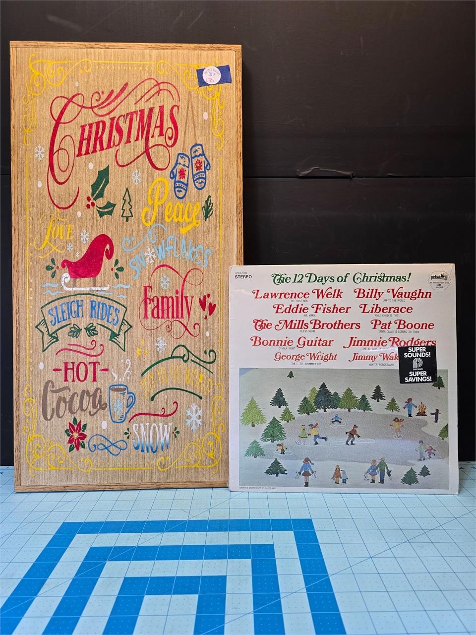 Wooden Christmas sign & Vintage Christmas record
