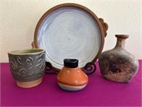 Signed Pottery Vases, and Plate