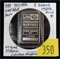Johnson Matthey 5 gram .999 silver bar, ca. 1980's